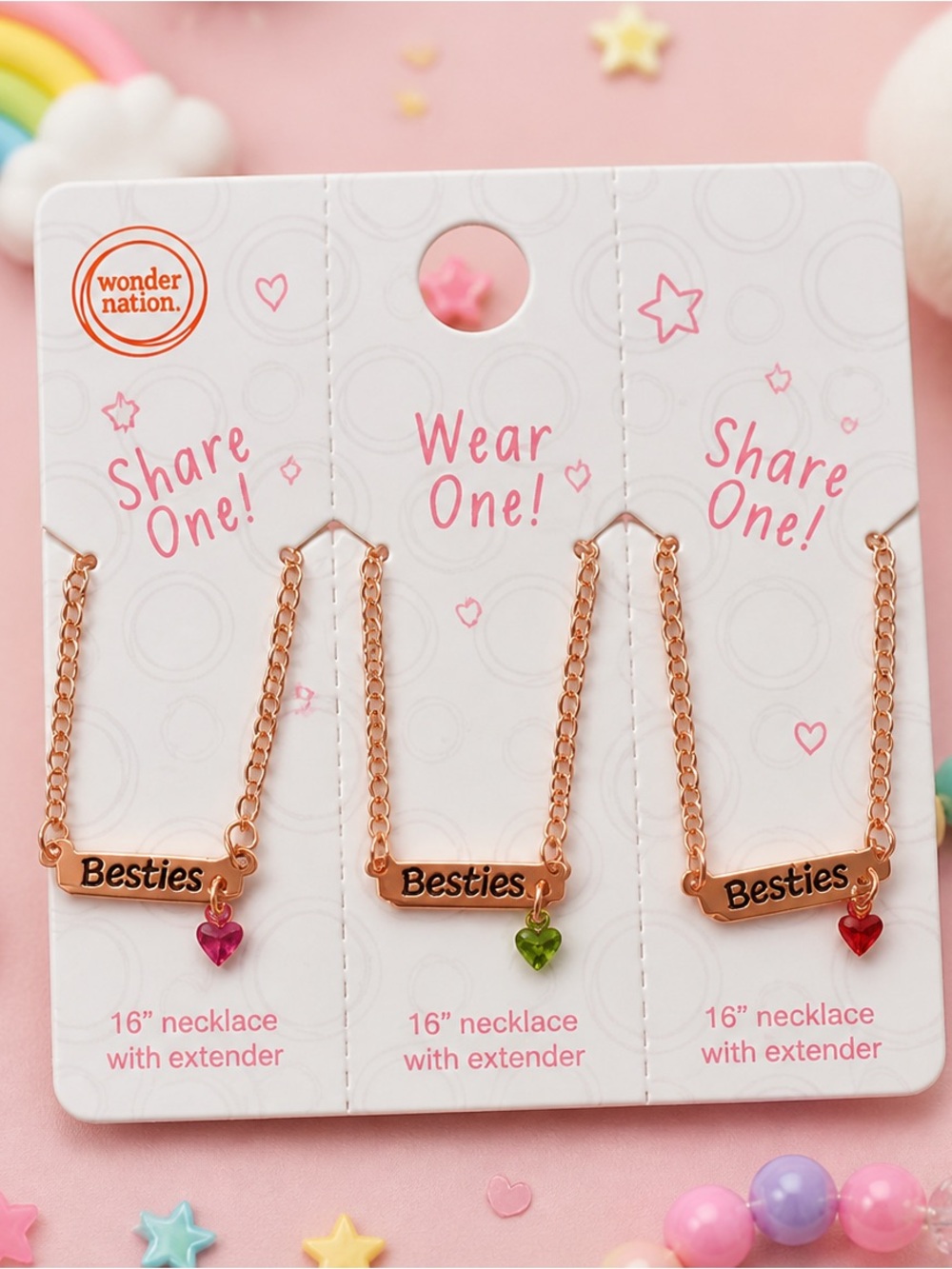 wonder nation Rose Gold Besties Necklace Set with Pink, Green, and Red Hearts